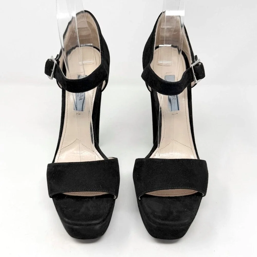 Prada Black‎ Suede Platform Sandals Ankle Strap Heels 38.5